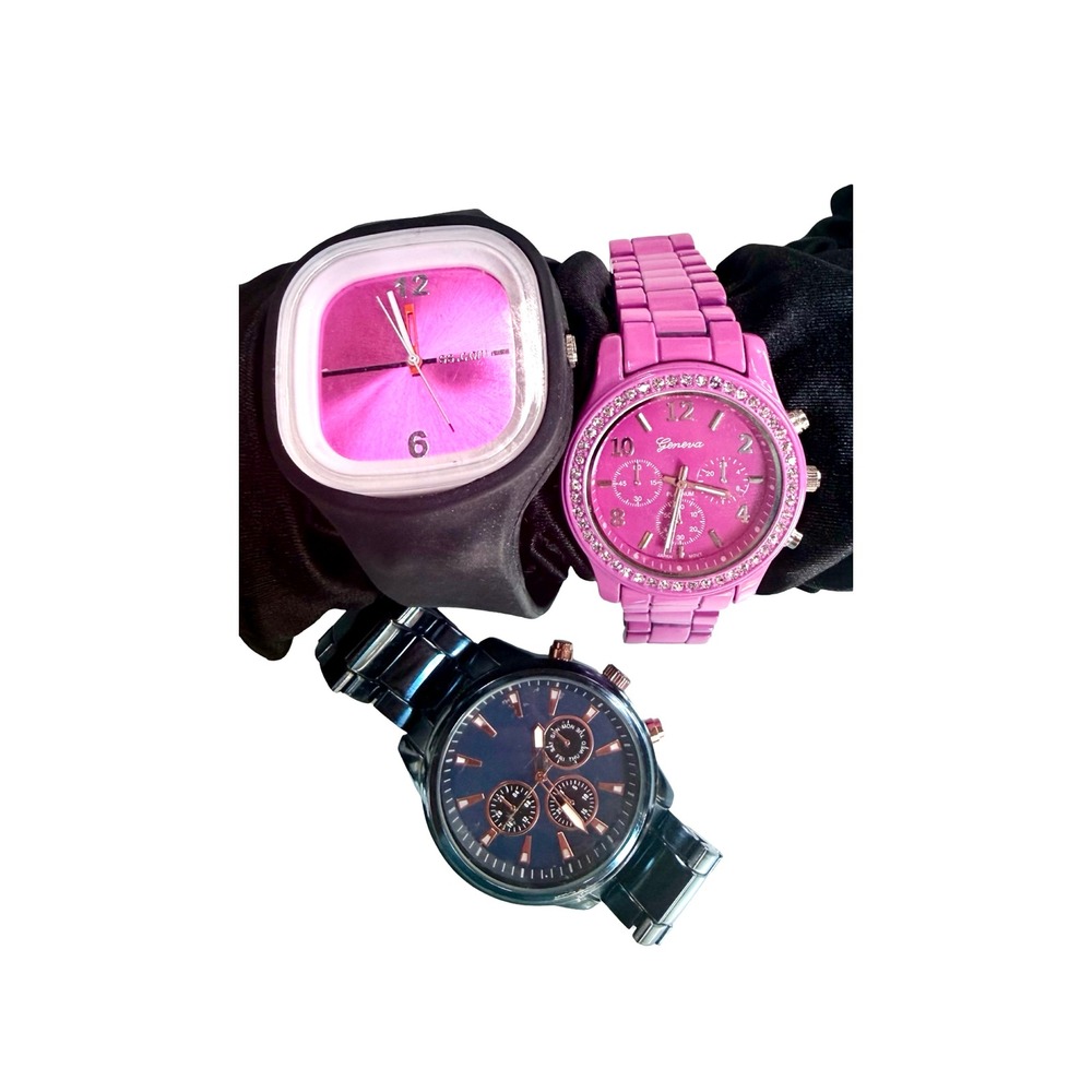 3 Watch Lot Geneva Platinum Accutime SS.com Pink Black Quartz Working